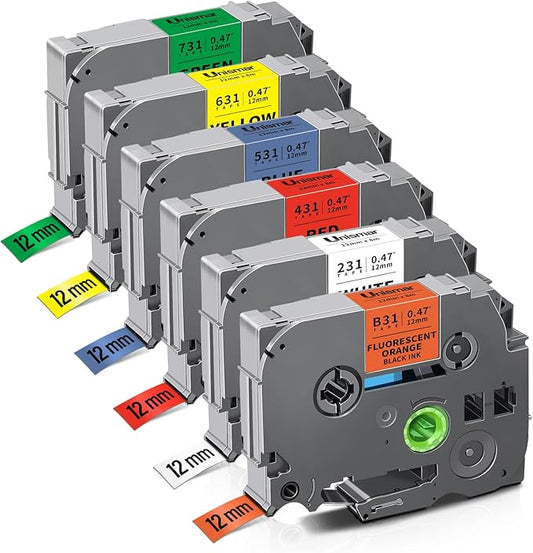 Unismar 6-Pack Compatible for Brother P Touch TZe-231 B31 431 531 631 731 TZe TZ Tape 12mm 0.47 Laminated Flu.Orange/White/Red/Blue/Yellow/Green for Ptouch PT-D220 D210 D400 D410 PTH110 Label Maker