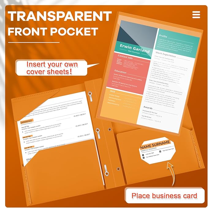 Henoyso 72 Pcs Plastic Folder with Clear Front Pocket and 3 Prong Plastic Folders with Card Slot Pocket Folders with Prongs for School Office (Orange)