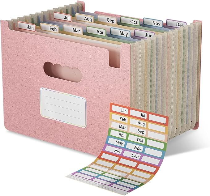 Accordion File Organizer, 12 Pockets Wheat Straw Expanding File Folders, Upright&Open Top, Monthly Bill Receipt Organizer, 100%BPA Free, Return to Nature, Healthy Living,Letter/A4 Size-Strawberry Pink