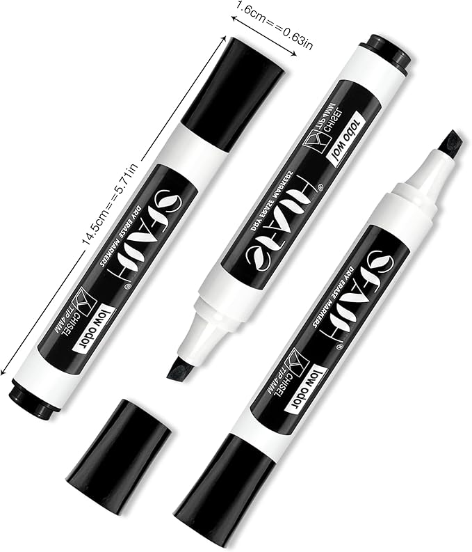 SFAIH Dry Erase Markers Chisel Tip with Magnetic Whiteboard Eraser, 48 Bulk Pack Black White Board Markers for Teachers & Students, Versatile Lines, 1s Quickly Dry, Perfect for Classroom and Office