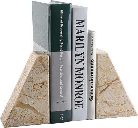 Koville Marble Bookends for Shelves, Large Bookends for Heavy Books, Natural Stone Book Stopper for Books CD Movies, Aesthetic Decorative Book Ends, Bookshelf Table Home Decor(Gold)