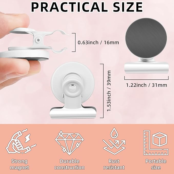 Grtard 6 Pack Magnetic Clips Heavy Duty, Magnet Clips for Fridge, Refrigerator Magnets, Strong Magnetic Clip,Scratch Free Magnets with Clip for Refrigerator, Whiteboard, Classroom, Locker(White)