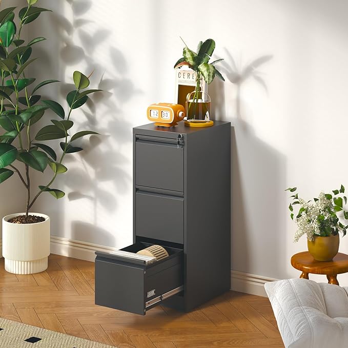 3 Drawer File Cabinet with Lock, Vertical Metal Filing Cabinet for Home Office, Locking File Cabinets for Legal/Letter Size Hanging File Folders (Black)