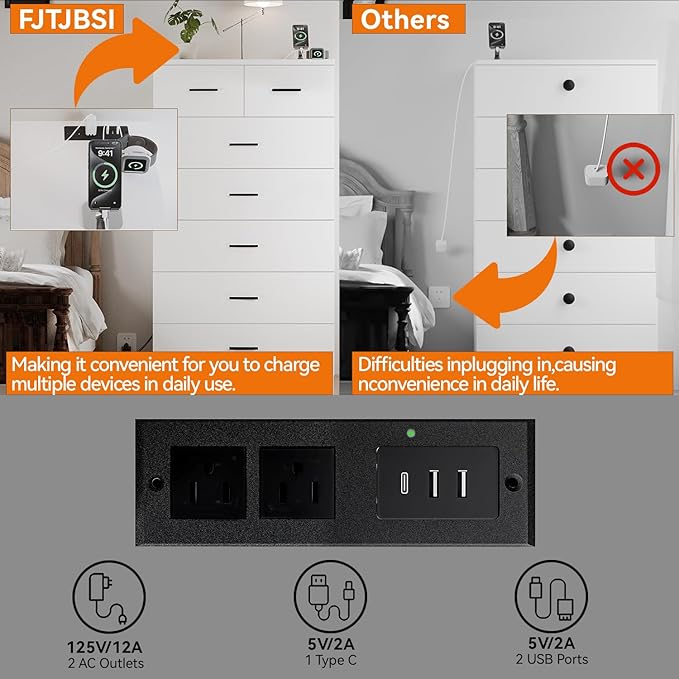 47.3" Tall Dresser for Bedroom Chests of Drawers with Charging Station 7 Drawer Dressers with Metal Slide Rail Modern Wood Closet Organizer with Large Storage for Home Office Entryway