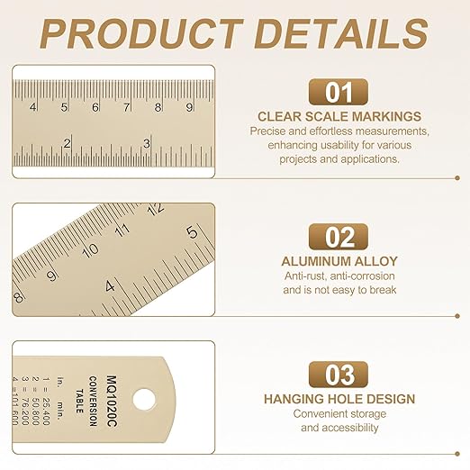 HARFINGTON 4pcs Metal Straight Ruler 15cm Metric SAE Aluminum Alloy Measuring Rulers Scale Tool with Hole for Measure Study Reading Classroom Office, Beige