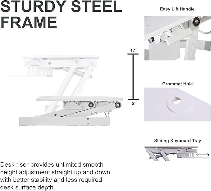 Rocelco 37.5" Height Adjustable Standing Desk Converter with Dual Monitor Mount and Anti-Fatigue Mat - Slide Out Retractable Keyboard Tray - Sit Stand Up Tabletop Riser - White (R DADRW-DM2-MAF)