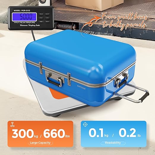 Bonvoisin Postal Scale Digital 300kg/ 660lb Parcel Shipping Scale kg/oz/lb Switchable, Heavy Duty Package Scale for Weighing Boxes/Luggage with Stainless Steel Platform 4 AA Batteries & Power Adapter