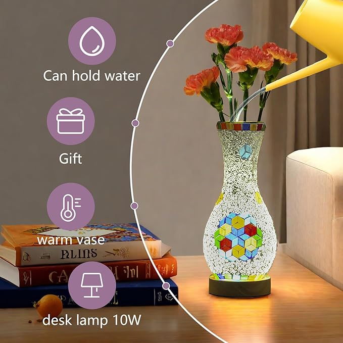 Handmade Turkish Style Mosaic Table Lamp with USB Power - Colorful Glass Vase Light for Bedroom or Living Room
