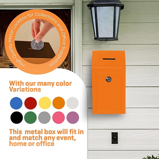 Metal Donation Box-Suggestion Box with Slot and lock-Cash Lock box for Money-Secure Drop Box-Comment and ballot voting box-comes with pre-drilled holes for easy wall mounting 10 X 6 X 2.5"(Orange)