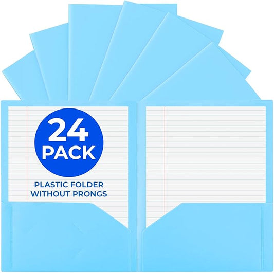 24 Pack Light Blue Plastic Folders with Pockets Heavy Duty. 2 Pocket Folder no Prongs Bulk. Tear-Resistant Letter Size 8.5x11. Presentation Ready School and Office Supplies