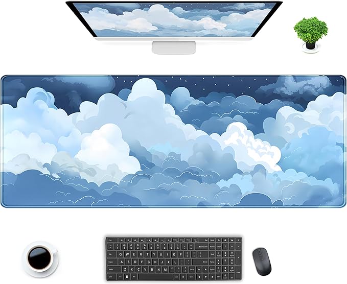 Desk Mat Blue and White Puffy Clouds Desk Pad Cute Gaming Mouse Pad XL Large Mousepad Anime Desk Matt for Desktop, Laptop Computer Keyboard Mouse Mat for Women Office Decor Accessories 31.5x11.8 in