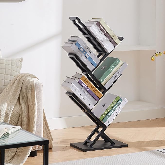 5 Tier Tree Bookshelf, Floor Standing Bookshelf for Narrow Space,Storage Organizer Bookshelves for Books/CDs/Magazine, Bookcase with Shelves for Home Office, Living Room-Black