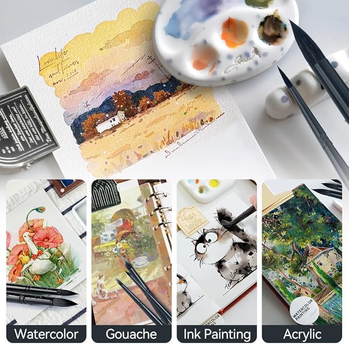 Transon 8pcs Round Watercolor Paint Brush Set Goat Hair for Watercolors,Acrylics,Inks,Gouache,Oil and Tempera Black Color