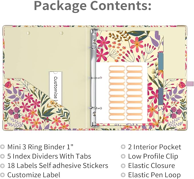 Ospelelf Mini 3 Ring Binder, 1 Inch, Cute Floral Binder for 5.5" x 8.5" with 5 Tab Dividers, File Folder Labels and Low Profile Clipboards