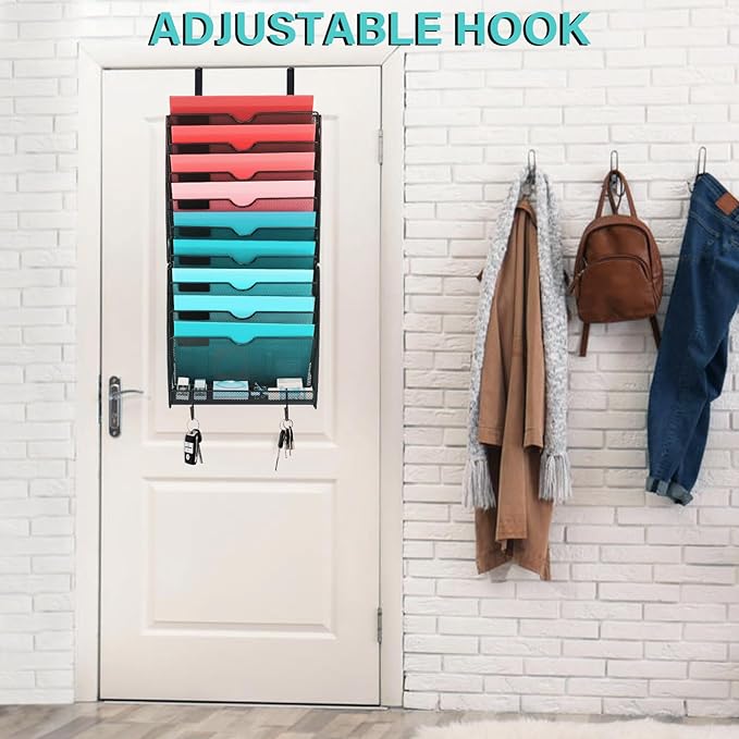 GALASALA Wall File Organizer, 10 Pockets Mesh Hanging File Organizer, Wall Mount File Holder With Hooks, Wall Organizer Magazine Rack for Office Supplies, Black