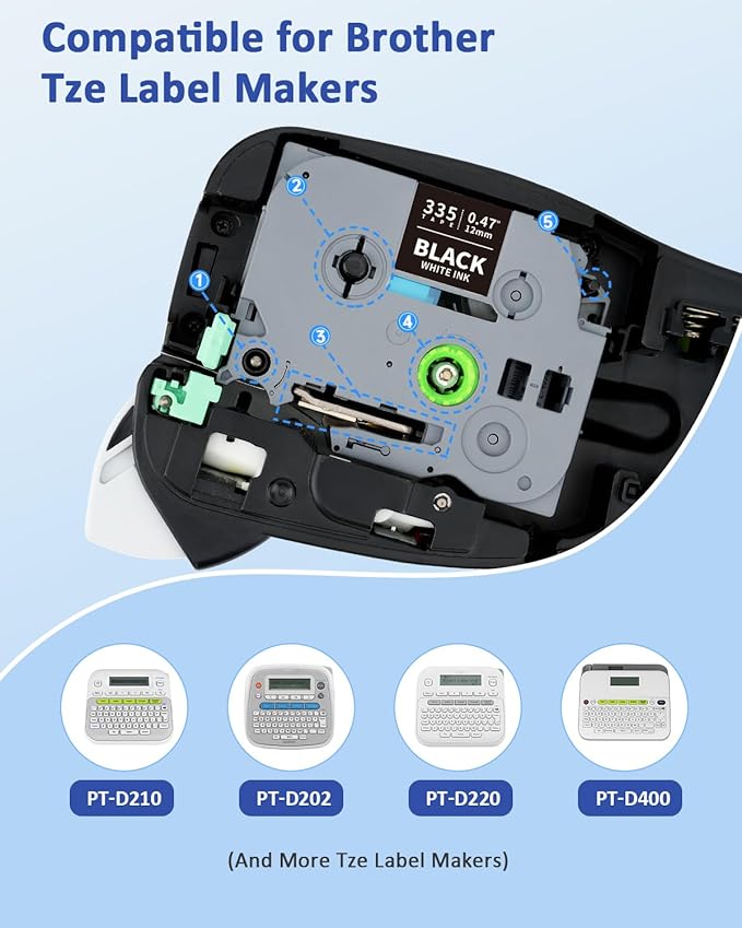 Tze335 Tze 12mm 0.47 Laminated Black Label Maker Tape Compatible for Brother Tze-335 Tz-335 Tz 1/2 Refill Work for Ptouch PT-D210 PT-D220 PT-H110 PT-D400 PT-D600, White on Black, 4 Pack
