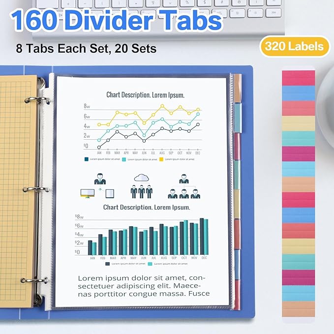 ReliThick 30 Set of 240 Pack Clear Sheet Protectors 8.5 x 11 Inch Page Protector for 3 Ring Binder with 8 Tabs Plastic Dividers for 3 Ring Binder, Insertable Index Page Divider Multicolor Tabs