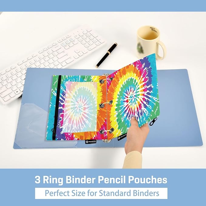 ALAZA Pencil Pouch for 3 Ring Binder, Tie Dye Binder Pencil Pouches with Clear Window Zipper Pencil Case Cosmetic Bags for Office College Supplies, 2PCS