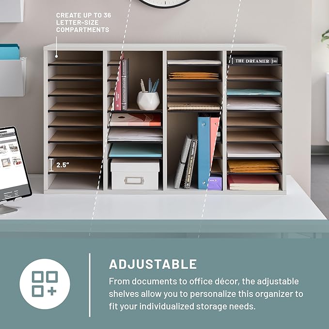 Safco Literature Organizer, 36 Compartments, Office and Classroom Mailbox with Adjustable Shelves, Wood Paper and Mail Sorter, Modern Gray