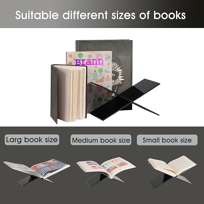 Large Clear Acrylic Book Stand - Perfect for Displaying Open Books on Your Coffee Table - Ideal for Bibles, Cookbooks, Guestbooks, Magazines, Each with a Lucite Paperweight (Black)