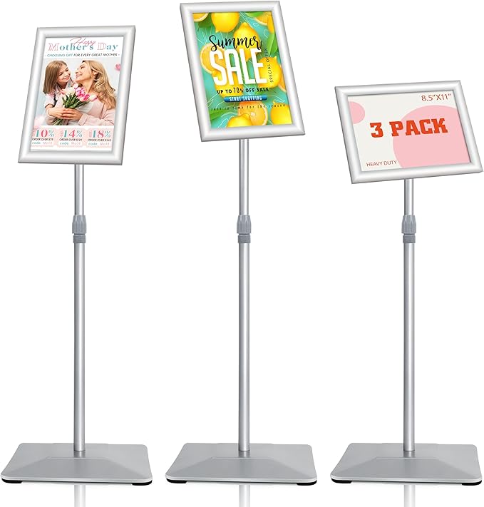 8.5"x11" Pedestal Poster Stand with Heavy Duty Solid Steel Base, Adjustable Floor Standing Sign Holder for Vertical and Horizontal Display, Silver 3Pack