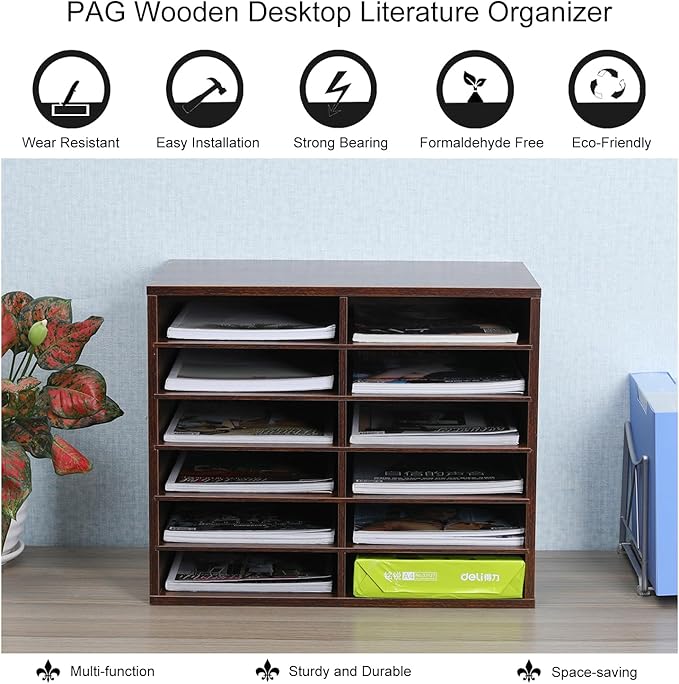 PAG Countertop Mail Sorter Organizer, Wooden Literature Organizer, Student Mailbox for Classroom, Desktop Bill Organizer for Office Home School, 12 Compartments, Brown