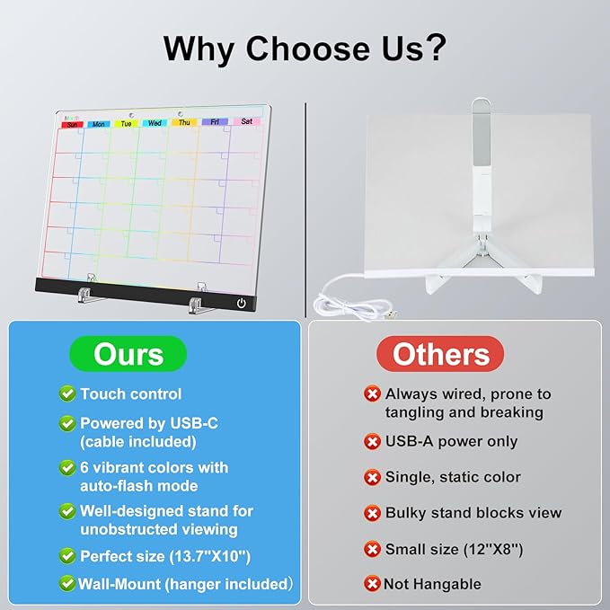 Acrylic Dry Erase Board Calendar with Light, 13.7"X10" LED Note Board with 6-Color Neon Glow Memo Monthly Planning Board for Gift/Room/Office/Wall with Stand, 7 Markers, Black