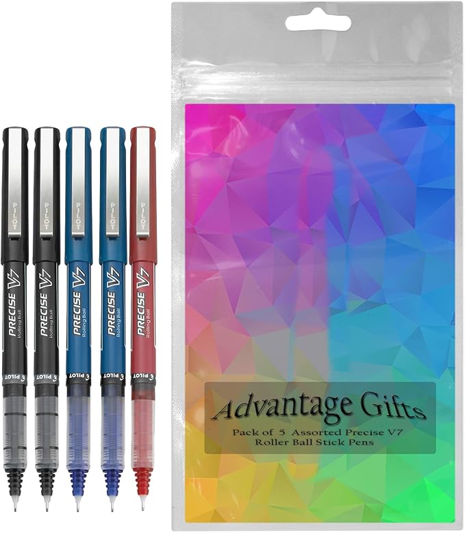 Precise V7 Stick Rolling Ball Pens, Fine Point (.7mm), Assorted Colors Black/Blue/Red Ink, 5-pk; Bundle with Plastic Reusable Pouch