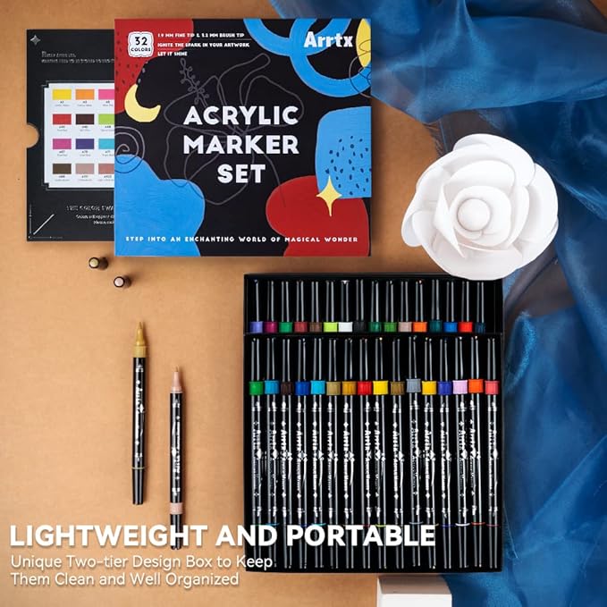Arrtx Acrylic Paint Pens, 32 Colors Brush Tip and Fine Tip (Dual Tip) Paint Markers for Rock Painting, Water Based Acrylic Painting Supplies for Fabric Painting,Wood, Plastic, Canvas, Easter Egg