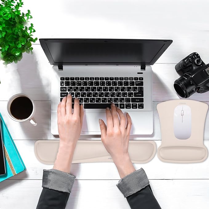 MOSISO Wrist Rest Support for Mouse Pad & Keyboard Set, Ergonomic Mousepad Non-Slip Base Home/Office Pain Relief & Easy Typing Cushion with Neoprene Cloth & Raised Memory Foam, Apricot