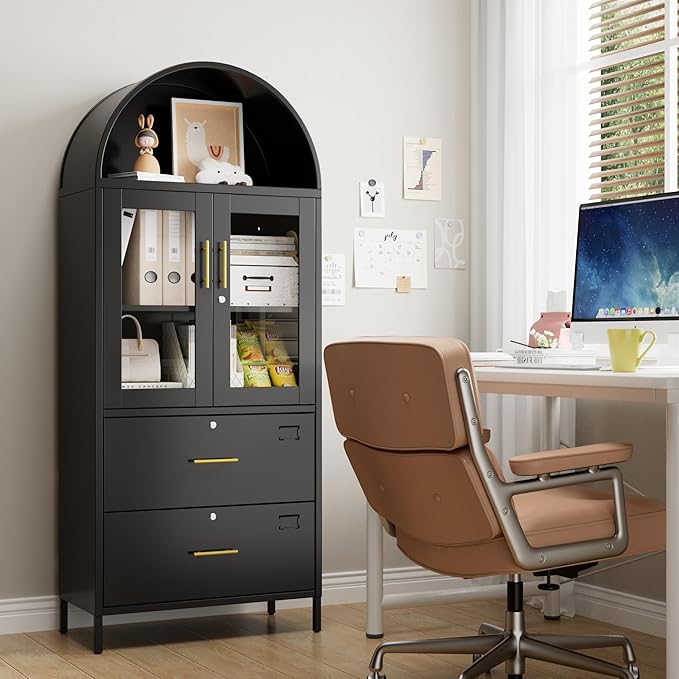 Tall Metal Arch Cabinet, Filing Cabinet for Home Office, Black Arched Bookcase with Locking Glass Doors and Drawers(Assemble Required)