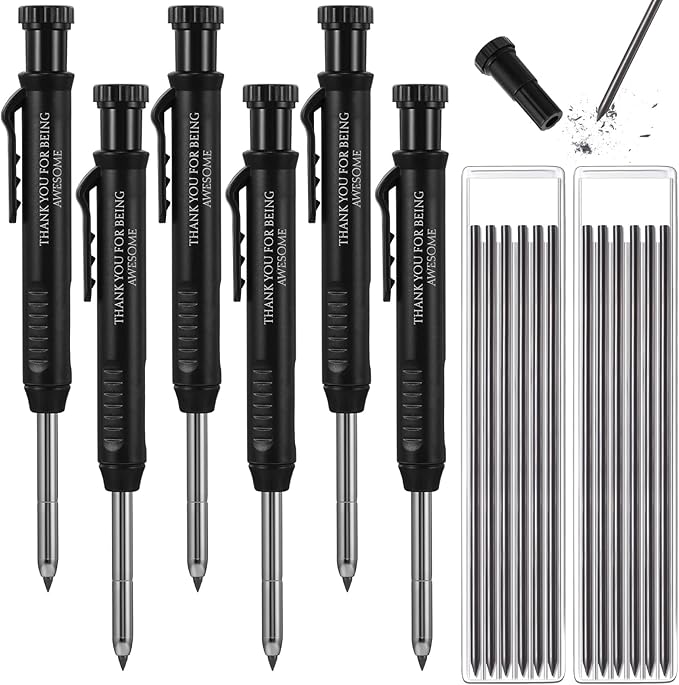 Colarr 10 Pcs Mechanical Carpenter Pencil with 60 Refill Deep Hole Mechanical Pencil Marker with Sharpener Black Solid for Carpentry Architect Birthday Thanksgiving Gift