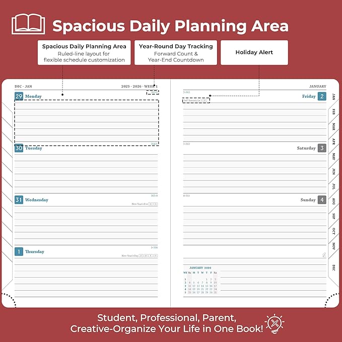 Planner 2026 Daily Weekly and Monthly,8.5"x6.5",12 Months Spiral Bound Calendar Agenda with Self-adhesive Pen Holder,2026 Appointment Book with Vegan Leather Soft Cover,Red