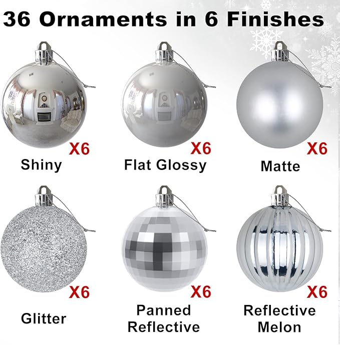 Silver 1.6" Small Christmas Balls Christmas Tree Decoration Ornaments Shatterproof Hanging Balls for Birthday Halloween Holiday Wedding Decorations Set of 36pcs