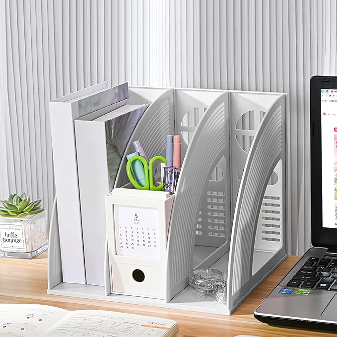 SAYEEC Magazine File Holders 3 Compartment Binder Stand Gray Magazine Storage Folder Desktop File Bookshelf Organizer Office Book Holder Rack for Office Home School