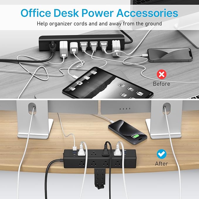 CCCEI Desk Outlet Station 45W USB C Port. 12 Outlet Desktop Clamp Power Strip Surge Protector 4800J with Switch. Nightstand Office Standing Desk Accessories, Fit Thicker Table Edge or Screw Mount, 6FT