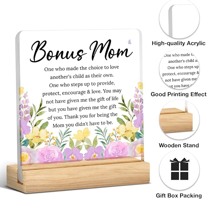 Bonus Mom Step Mom Mothers Day Gifts for Stepmom from Son Daughter I Love You Thank You Birthday Gifts for Bonus-mom Step-Mom Office Desk Decor For Home Acrylic Sign Christmas Gift