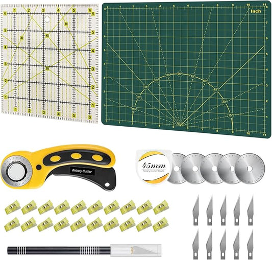 39 Pcs Rotary Cutter Set - Quilting Kit incl. 45mm Fabric Cutter, 5 Extra Rotary Blades, A4 Cutting Mat, Craft Knife Set, Quilting Ruler and Sewing Clips, Ideal for Crafting, Sewing, Patchworking