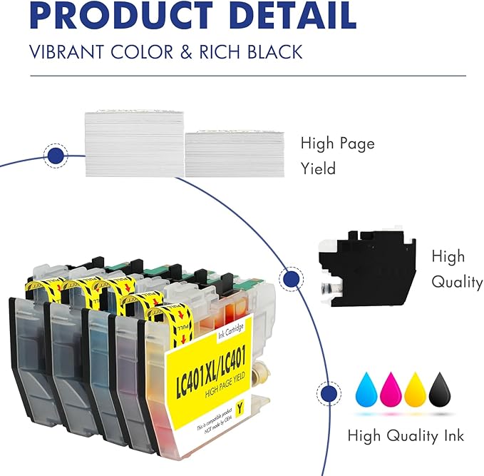 LC401XL LC401 MFC-J1010DW Ink Cartridges for Brother Printer LC 401 401XL for MFC-J1010DW MFC-J1170DW MFC-J1012DW MFC-J1800DW MFC J1010DW - 5 Pack High Yields Black Cyan Magenta Yellow