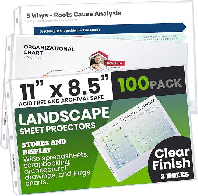 Performore 100-Pack Landscape Sheet Protectors | 11×8.5" Clear Top-Loading Sleeves | 3-Hole Punched, Acid-Free, Archival Safe Plastic for Binders, Scrapbooks, Photos & Documents