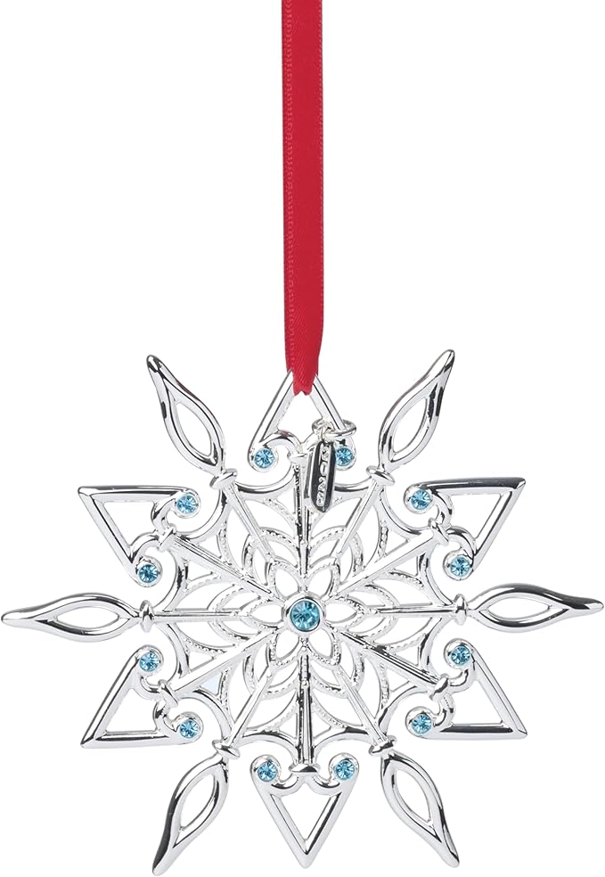 Lenox Ornament, 2025 Snow Majesty Silverplate Ornament, Stainless Steel Christmas Tree Decoration, Snowflake Design, Blue Jeweled Accents, Red Ribbon for Hanging, Christmas Decoration(Silver, 1 Piece)