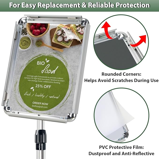 Poster Stand Holder Adjustable Pedestal Floor Standing Sign Holder Vertical and Horizontal View Sign Display, Aluminum Snap Open Frame with Safety Corner (Sliver-8.5x11)