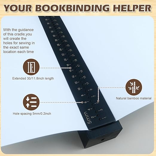 Black Book Binding Cradle, 5 mm Hole Spacing Wood Bookbinding Punching Cradle with an Awl, Bamboo Signature Punching Cradles with Piercing Guide, Portable Book Binding Tools Kits for Book DIY Crafts