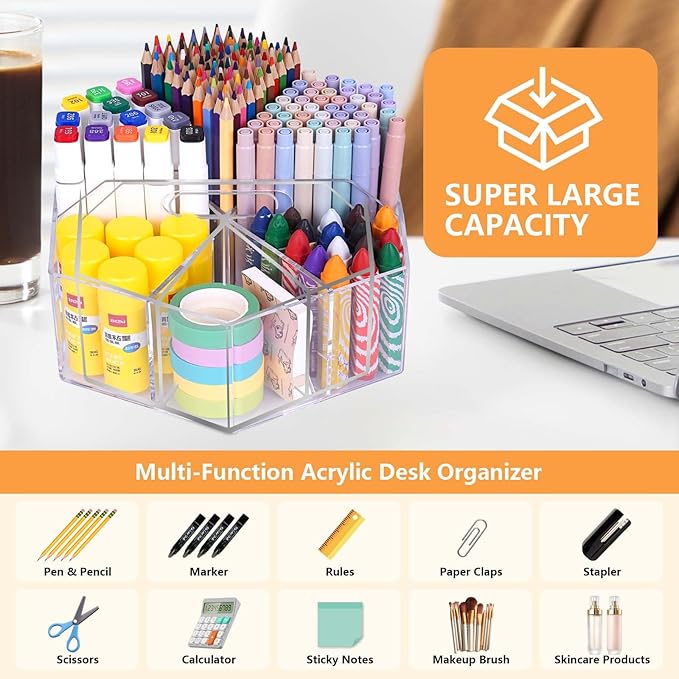Pen Holder for Desk Acrylic, Large 6 Slots 360-Degree Rotating Marker Organizer Pencil Holder, Caddy Art Supply Organizer Crayon Organizers for Office School