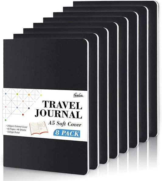 8 Pack Soft Cover Journal Bulk, Feela Notebooks College Ruled for Work, Lined Travel Journal for Women Men, Note Taking Notebook School Supplies Business Writing, 8.2” x 5.5”, A5, Black