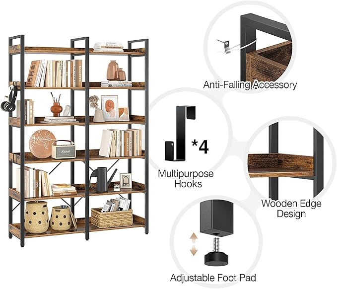 Seventable Bookshelf 6 Tier with 4 Hooks, 67” Industrial Wooden Bookcase, Vintage Storage Rack with Open Shelves, Rustic Standing Bookshelves Metal Frame 43.3” Wide Display Rack, Rustic Brown