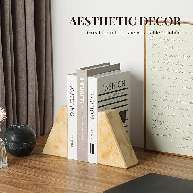 Koville Marble Bookends for Shelves, Large Bookends for Heavy Books, Non-Slip Heavy Duty Book Stopper for CD/Movies, Aesthetic Decorative Bookends for Shelves Table Home Decor(Gold)