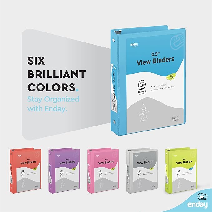 ½ Inch 3 Ring Binder Blue .5 Inch Round Ring Clear View Cover with 2 Inside Pockets Binders, Colored School Supplies Binders, Also Available in Pink, Red, Green, Purple, and Grey (6 PC) – by Enday
