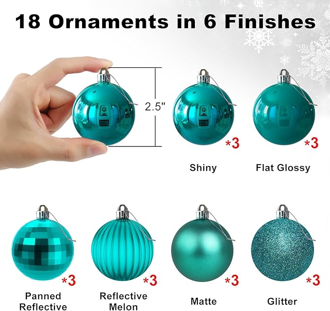 Teal 2.5" Christmas Balls Christmas Tree Decoration Ornaments Shatterproof Hanging Balls for Birthday Halloween Holiday Wedding Decorations Set of 18pcs