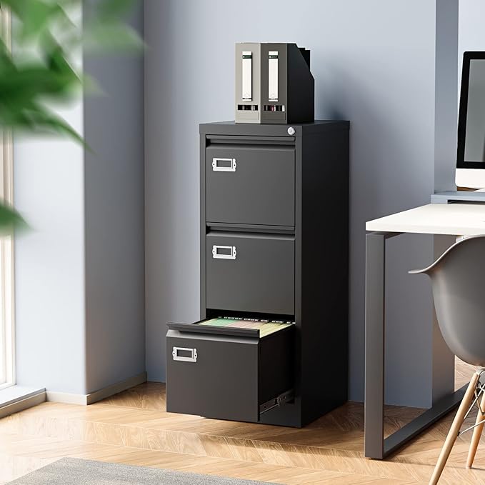 3-Drawer File Cabinet, Locking Metal Vertical File Storage for Home Office, Black, 15" W x 17.7" D x 38.6" H